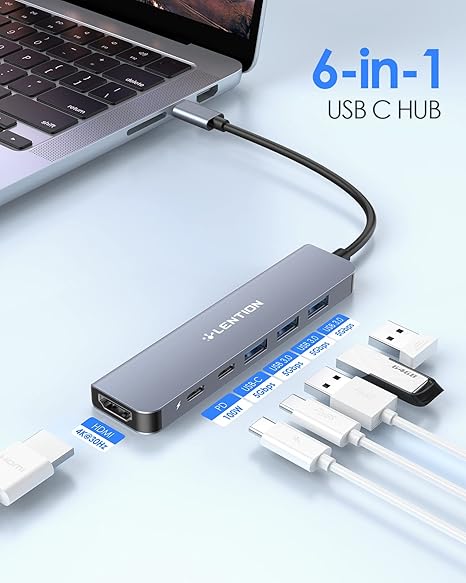 LENTION USB-C Hub 6-in-1 Adapter, 4K HDMI, USB 3.0, Power Delivery(CB-CE35s)