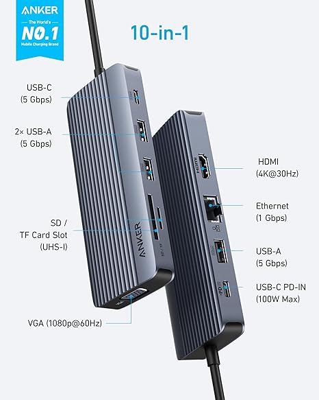 Anker 10-in-1 USB-C Hub with 4K HDMI, Dual Display, 85W Pass-Through Charging