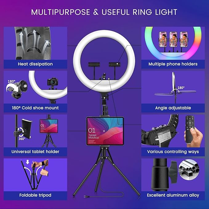 RGB LED Ring Light 3D-45, 18-Inch Dimmable with Stand & Remote, 45 Colors, 10 Brightness Levels