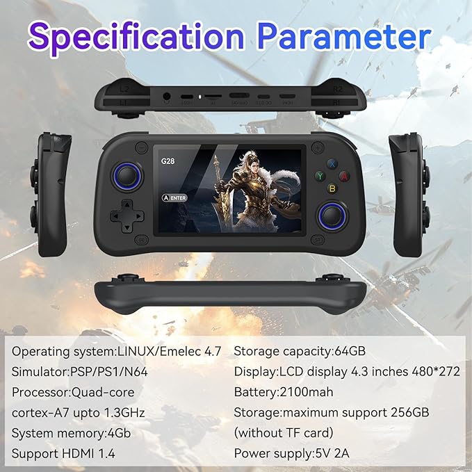 G28 Retro Handheld Game Console, 4.3-Inch HD Screen, 64GB Card, Multi-Emulator – Black