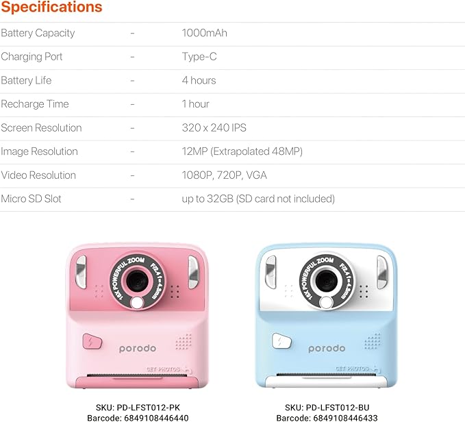 Porodo  Kids Print Camera, Built-In Fill Light, Selfie Mirror, Built-In Games