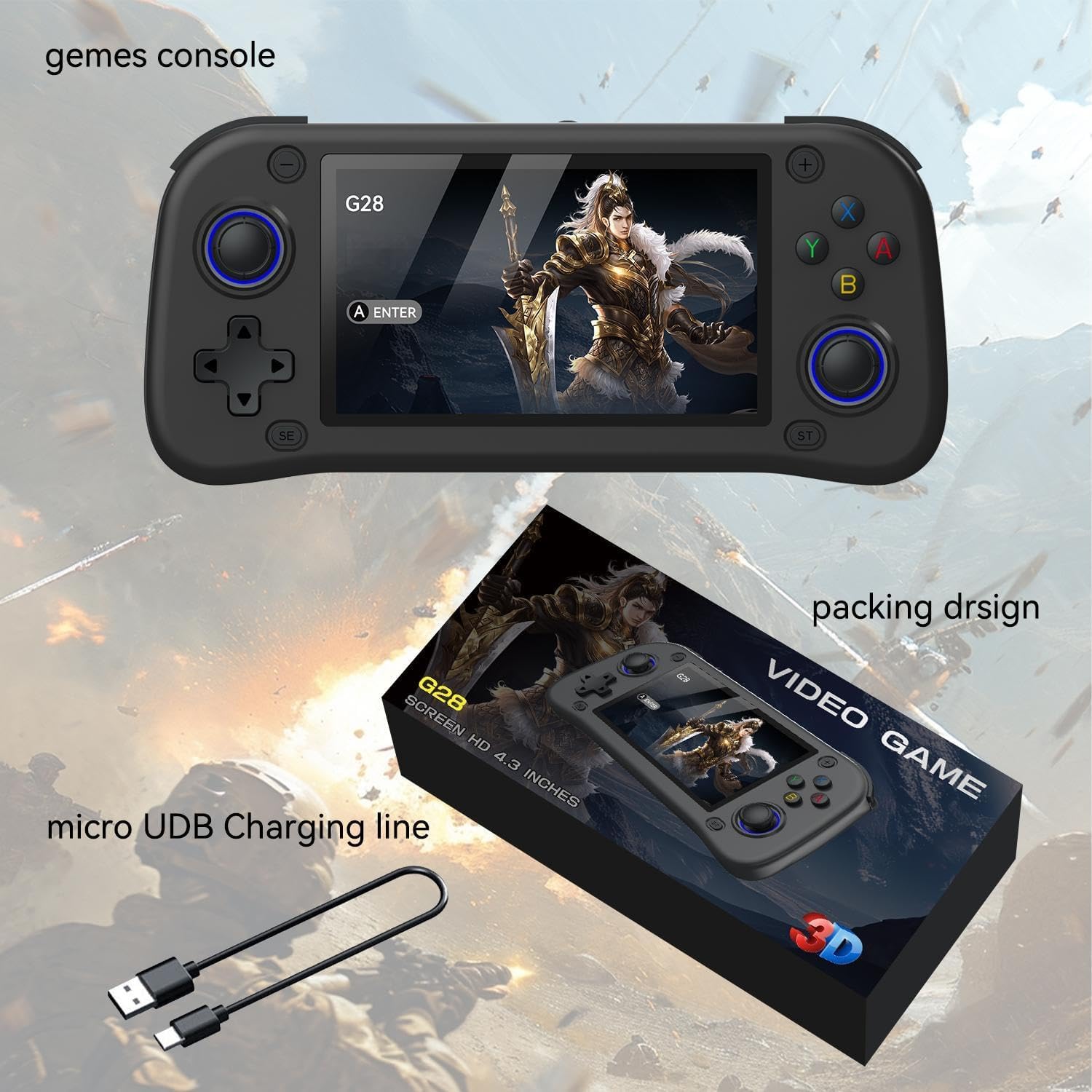 G28 Retro Handheld Game Console, 4.3-Inch HD Screen, 64GB Card, Multi-Emulator – Black