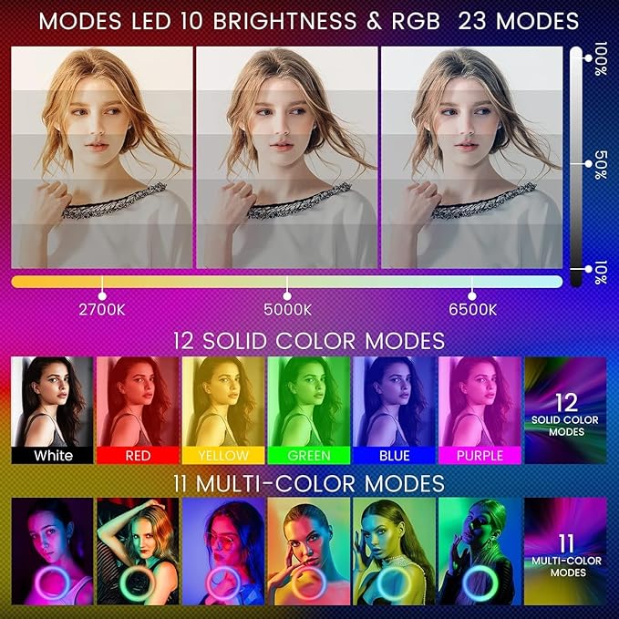 RGB LED Ring Light 3D-45, 18-Inch Dimmable with Stand & Remote, 45 Colors, 10 Brightness Levels