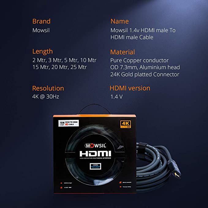Mowsil HDMI 1.4v Cable Support 4K 3 Meter