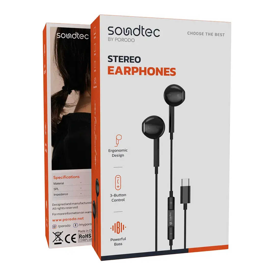 Porodo Soundtec Type-C Stereo Earphones with High-Clarity Microphone and 3-Button Control