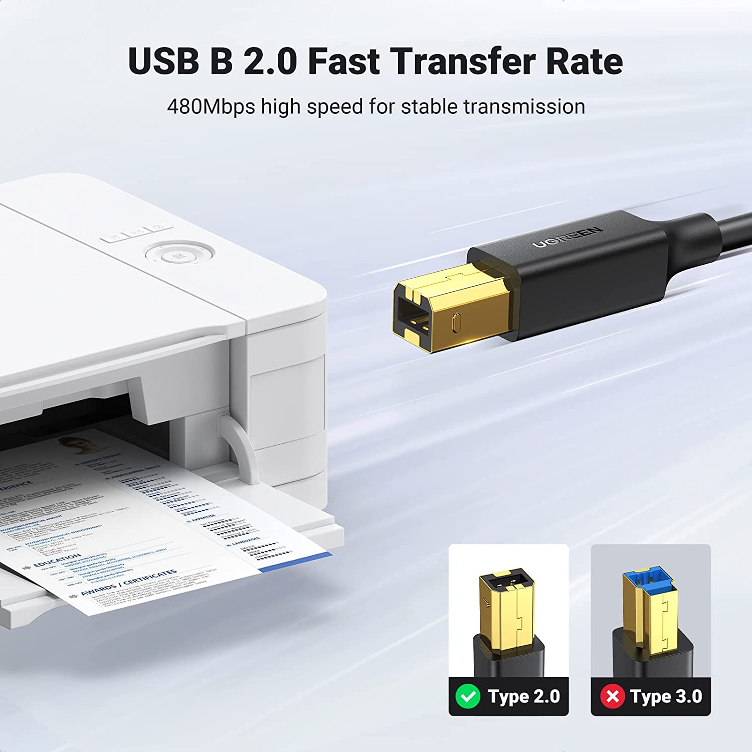 UGREEN USB 2.0 AM to BM Printer Cable 2M/3M